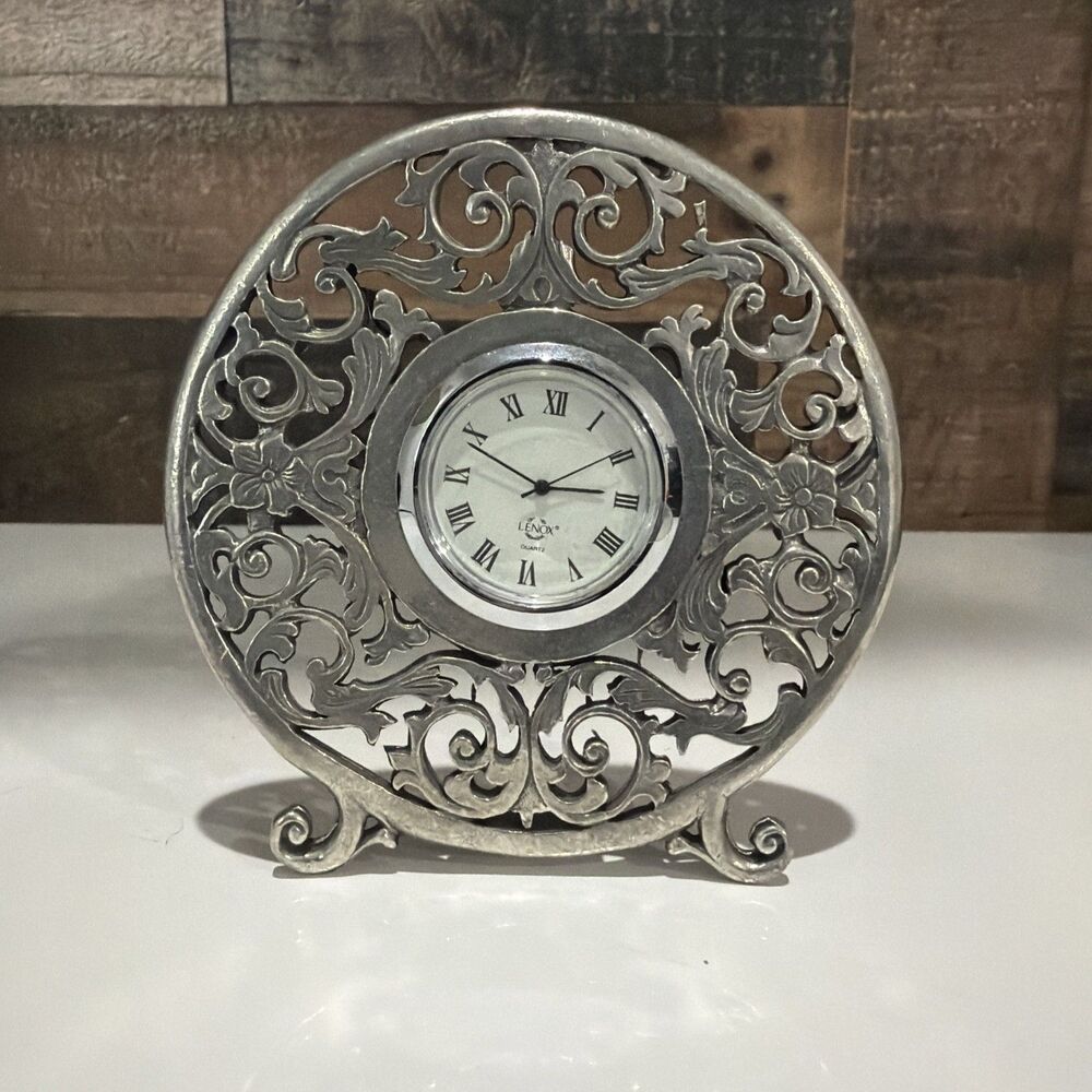 Vintage Kirk Stieff Pewter Filigree Quartz Desk Clock Roman Numeral(Description)